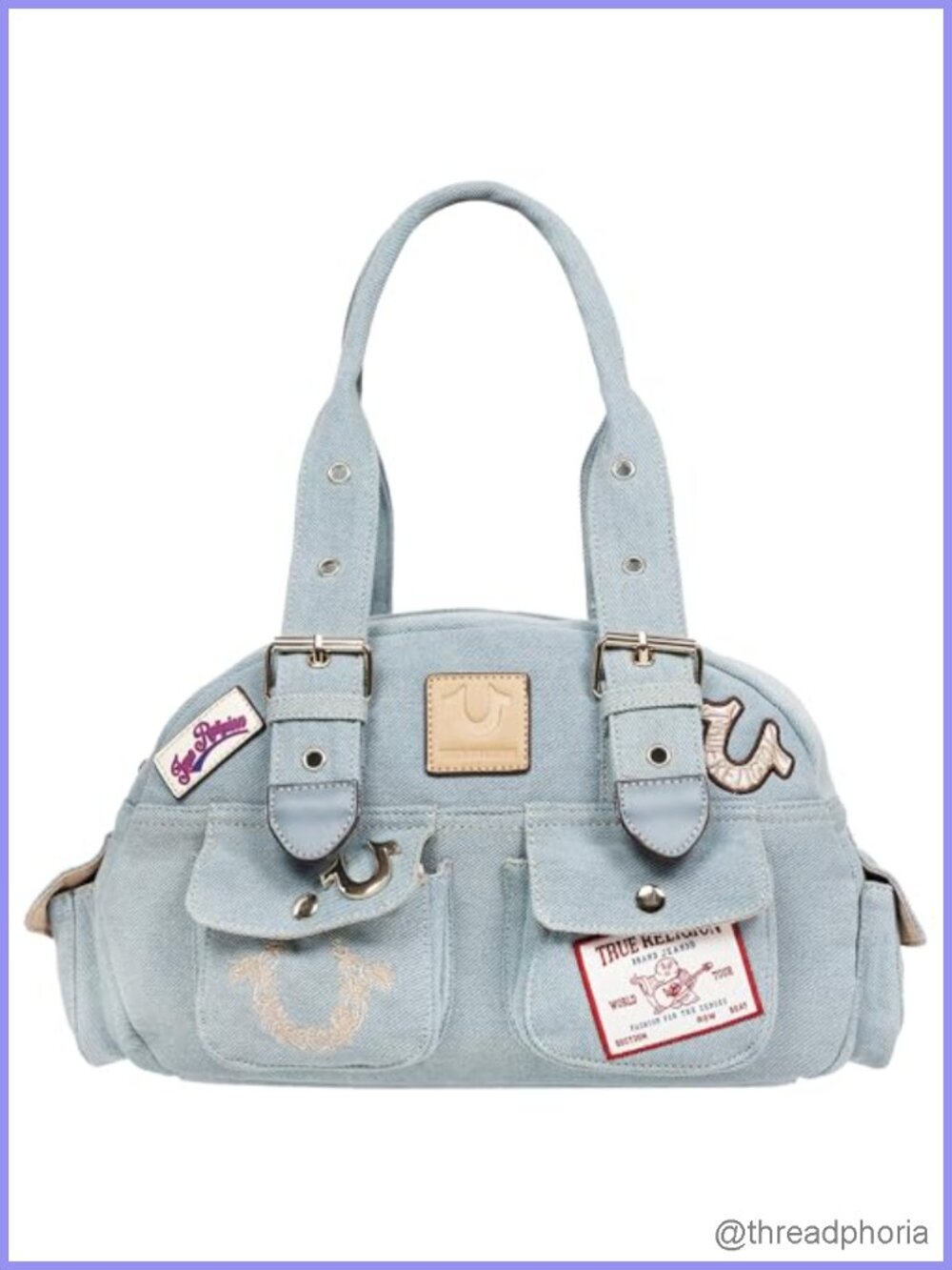 Denim Satchel Handbag Multi-Patch Zip Top Purse